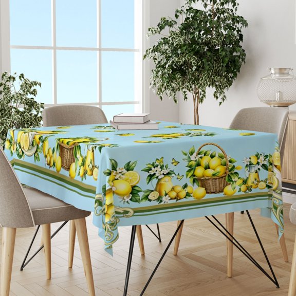 Light Blue Base Lemon Basket Printed Table Cover, Summer Solstice Dining Cloth, Durable Stain Resistant Cover for Daily Summer Holiday Parties
