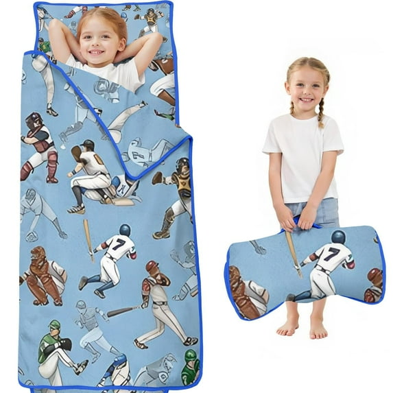 Light Blue Baseball Players Pattern Toddler Nap Mats for Kids Preschool,Sleeping Mat Bag or Kids,Toddler Sleeping Bag,Toddler Nap Mat or Daycare