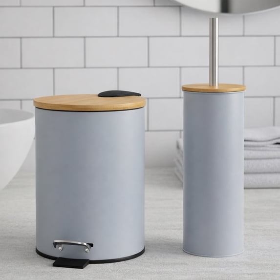 Light Blue Bathroom Set with Bamboo Lid - Matte Metal Trash Can and Toilet Brush