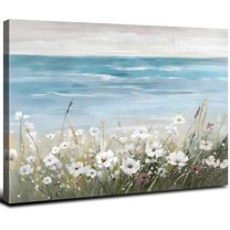 Light Blue Beach Wall Art Coastal White Poppy Flower Wall Decor Abstract Wildflower Painting Texture Canvas Prints for Living Room Nature Floral Modern Artwork Bedroom Bathroom Home Decorations 12x16