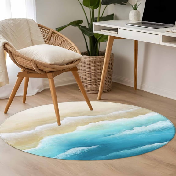 Light Blue Beige Beach 3.3ft Round Rug for Bedroom Reading Corner, Abstract Gradient Sandy Ocean Waves Washable Non Slip Circle Area Rug