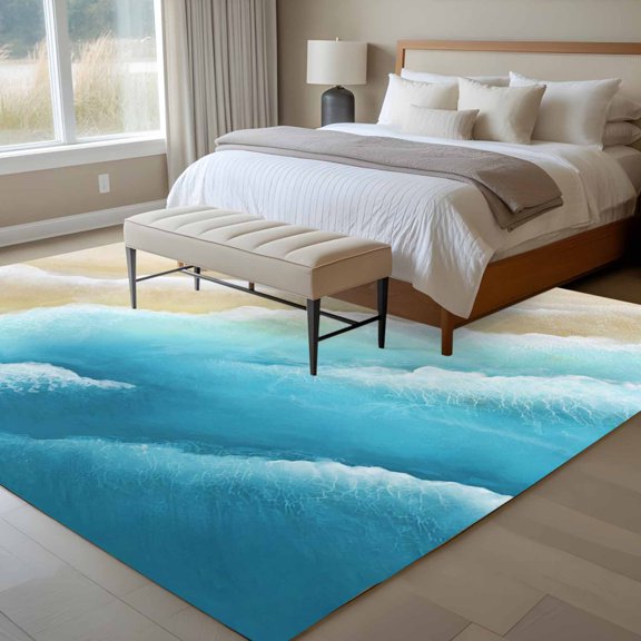 Light Blue Beige Beach 6x9 Rug for Dining Room Table and Chair Setup, Abstract Gradient Sandy Ocean Waves Low Pile Washable Non Slip Rectangle Area Rug