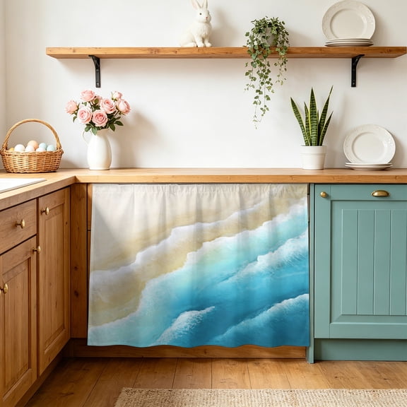 Light Blue Beige Beach Cabinet Curtains 10" W x 11" L Abstract Gradient Sandy Ocean Waves Waterproof Adhesive Kitchen Under Sink Curtain Dust-Proof Dishwasher Skirt for Closet