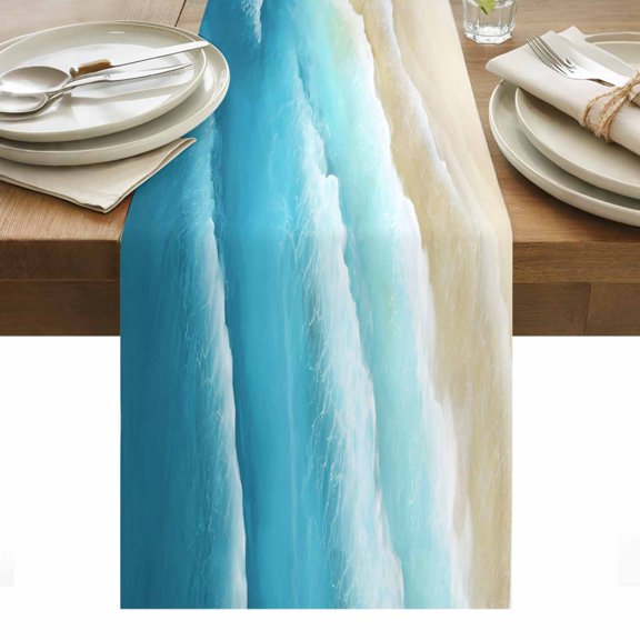 Light Blue Beige Beach Cotton Linen Table Runner Abstract Gradient Sandy Ocean Waves Dining Table Runners for Home Decor Party Dining Room Restaurant Kitchen Party 13" x 36"