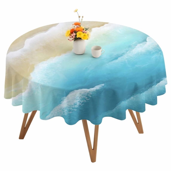 Light Blue Beige Beach Round Tablecloth 54 inches Abstract Gradient Sandy Ocean Waves Waterproof Oil-Proof Table Cloth Round Table Cover for Holiday Party Picnic Dinner Decor Indoor and Outdoor Use