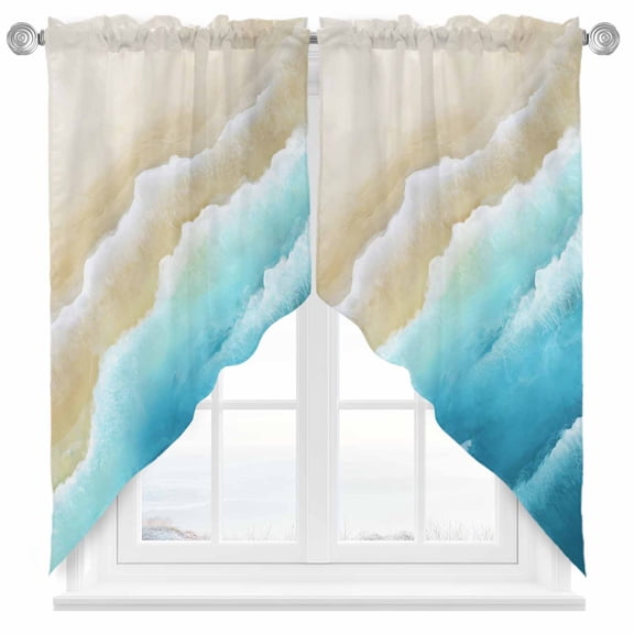 Light Blue Beige Beach Swag Kitchen Curtain Valances, Abstract Gradient Sandy Ocean Waves Rod Pocket Curtains Window Treatment Decor Valances for Bedroom Bathroom, 2 Panels 28 x 36 Inch