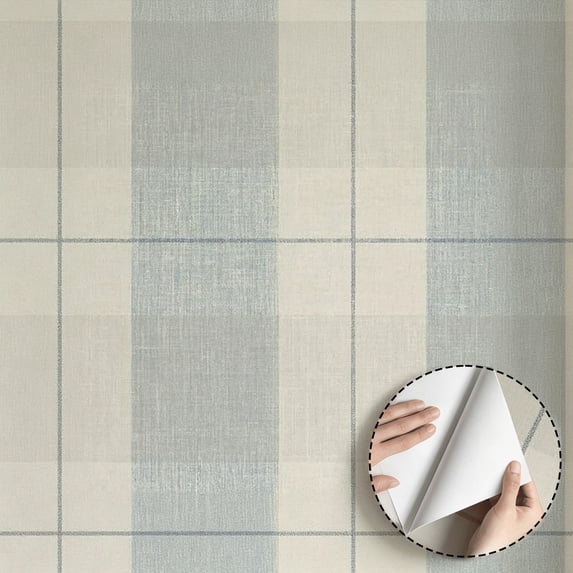 Light Blue Beige Plaid Check Wallpaper Modern Farmhouse Minimalist Aesthetic Self Adhesive and Removable Waterproof Wall Decoration for Living Room Bedroom Kitchen Cabinet Drawer 17.7 * 118 in