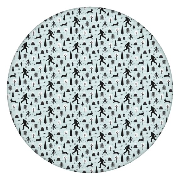 Light Blue Bigfoot and Tree Pattern Round Fitted Tablecloth with Elastic Edge,Dining Table Cover Waterproof,Outdoor Round Tablecloth for Camping,Dining,Indoor and Outdoor