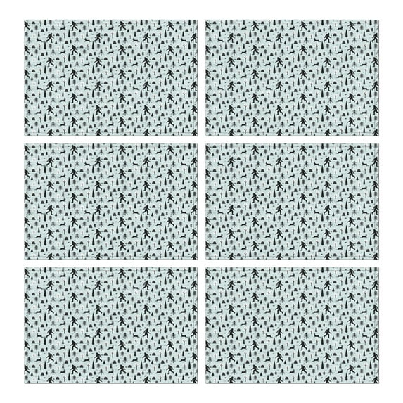 Light Blue Bigfoot and Tree Pattern Summer Placemats Table Placemats Set Of 6-Linen Kitchen Washable Placemats Table Mats 11.8"x17.7" Non-Slip Heat Resistant