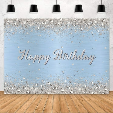 Light Blue Birthday Party Decorations Backdrop Shinning Silver Diamond Happy Birthday Decor Photography Background Banner Cake Table Booth Props