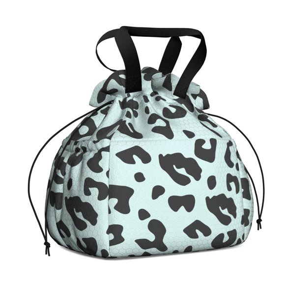 Light Blue and Black Of Leopard Print Drawstring Lunch Bag Women - Drawstring Lunch Bag Insulated for Work Office - Stain-Resistant Large Lunchbags for Women with Multi-Pockets