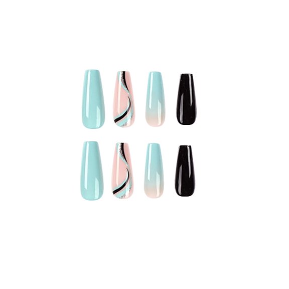 Light Blue Black Pink Ombre Wave Pattern Press on Nails, Long Stiletto Glossy Fake Nails, 24 Count