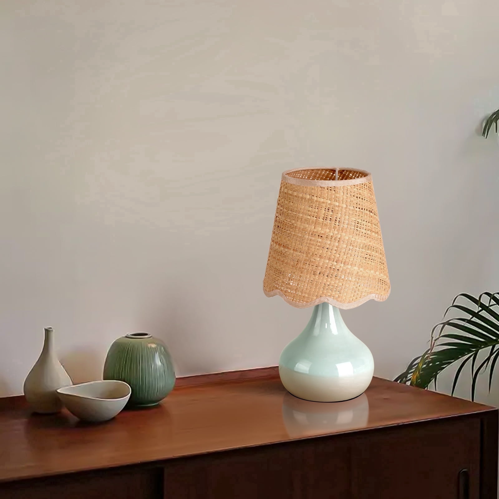 Ziqqeelam Light Blue Boho Small Table Lamp, Rattan Shade Bedside ...