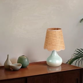 Light Blue Boho Small Table Lamp, Rattan Shade Bedside Nightstand Lamp, Modern Decor Lighting for Bedroom, Living Room, Kitchen Counter, Bookshelf, Office and Dorm