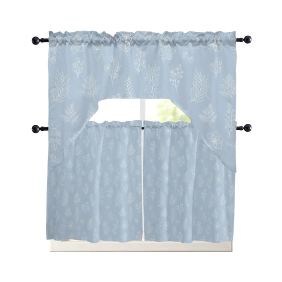 Light Blue Botanical Kitchen Curtains Set for Windows 3 Piece Cafe Curtains 24 Inch Length Swag Curtains Valances and Tier Set Farmhouse Summer Floral Leaves Drapes for Bedroom Bathroom Living Room