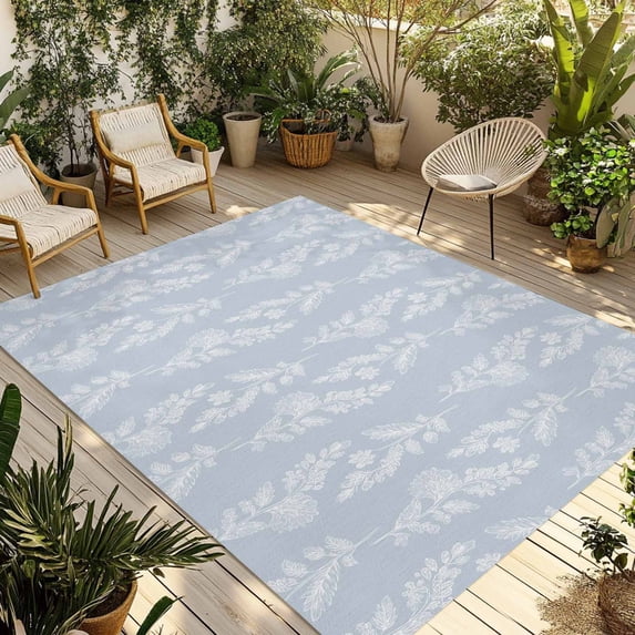 Light Blue Botanical Outdoor Rug 5x7 Ft - Reversible Patio Rug Outdoor Camping Rugs, Pastoral Elegant Spring Floral Washable Indoor Outdoor Area Rugs, Non-Slip Outdoor Carpet Runner for Deck/Porch
