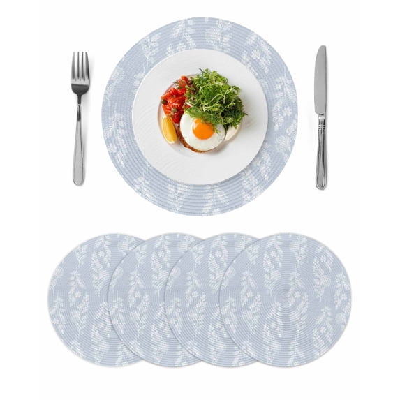 Light Blue Botanical Round 13 Inch Placemats Set of 4, Pastoral Elegant Spring Floral HeatResistant Non Slip Place Mats for Dining Table, Wipeable Braided Kitchen Table Mats for Housewarming