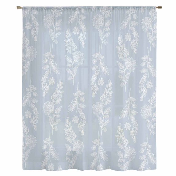 Light Blue Botanical Sheer Curtains 54 Inches Long, Pastoral Elegant Spring Floral Light Filering Curtains, Breathable Simi Curtain Privacy Drapes for Kitchen Bathroom Small Window Treatment