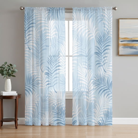 Light Blue Botanical Sheer Curtains 72 Inch Length 2 Panels Set, Summer Palm Leaves Foliage Tropical Voile Window Treatment Rod Pocket Curtains Sheers for Bedroom/Living Room/Kitchen 52"x72"x2