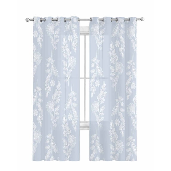 Light Blue Botanical Sheer Curtains 84 Inch Length 2 Panels Set for Living Room/Bedroom, Pastoral Elegant Spring Floral Kitchen Curtains Grommet Semi-Sheer Curtains Drapes Window Treatments 52"x84"x2