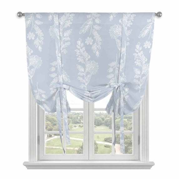 Light Blue Botanical Tie Up Curtains for Windows, Adjustable Balloon Window Shades, Pastoral Elegant Spring Floral Kitchen Window Treatments Farmhouse Short Curtains with Rod Pocket 42"x45"