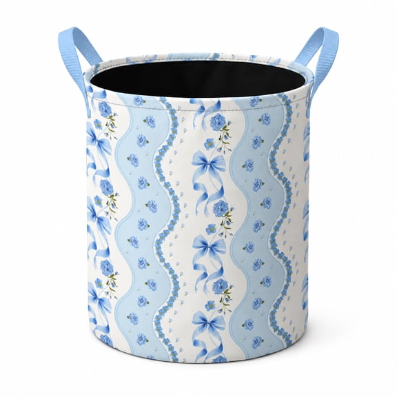 Light Blue Bow Floral Foldable Laundry Basket Extra Large Washable Fabric Storage Bin with Handles for Bathroom Dorm Home Storage