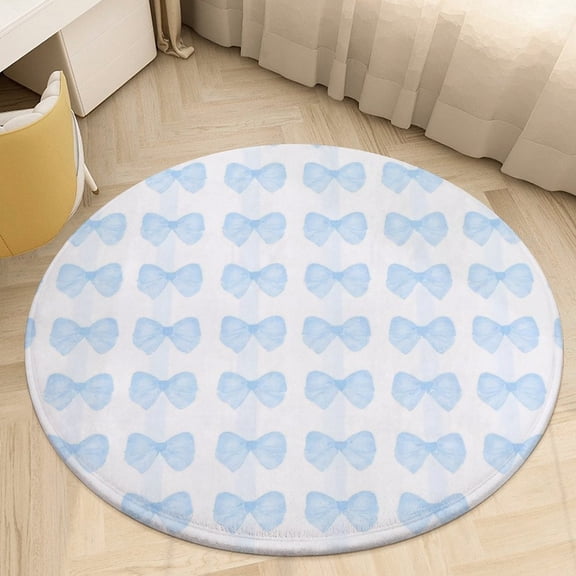 Light Blue Bow Pattern Round Area Rugs for Bedroom Living Room, 4FT Soft Comfy Indoor Circle Carpets, Floor Mat