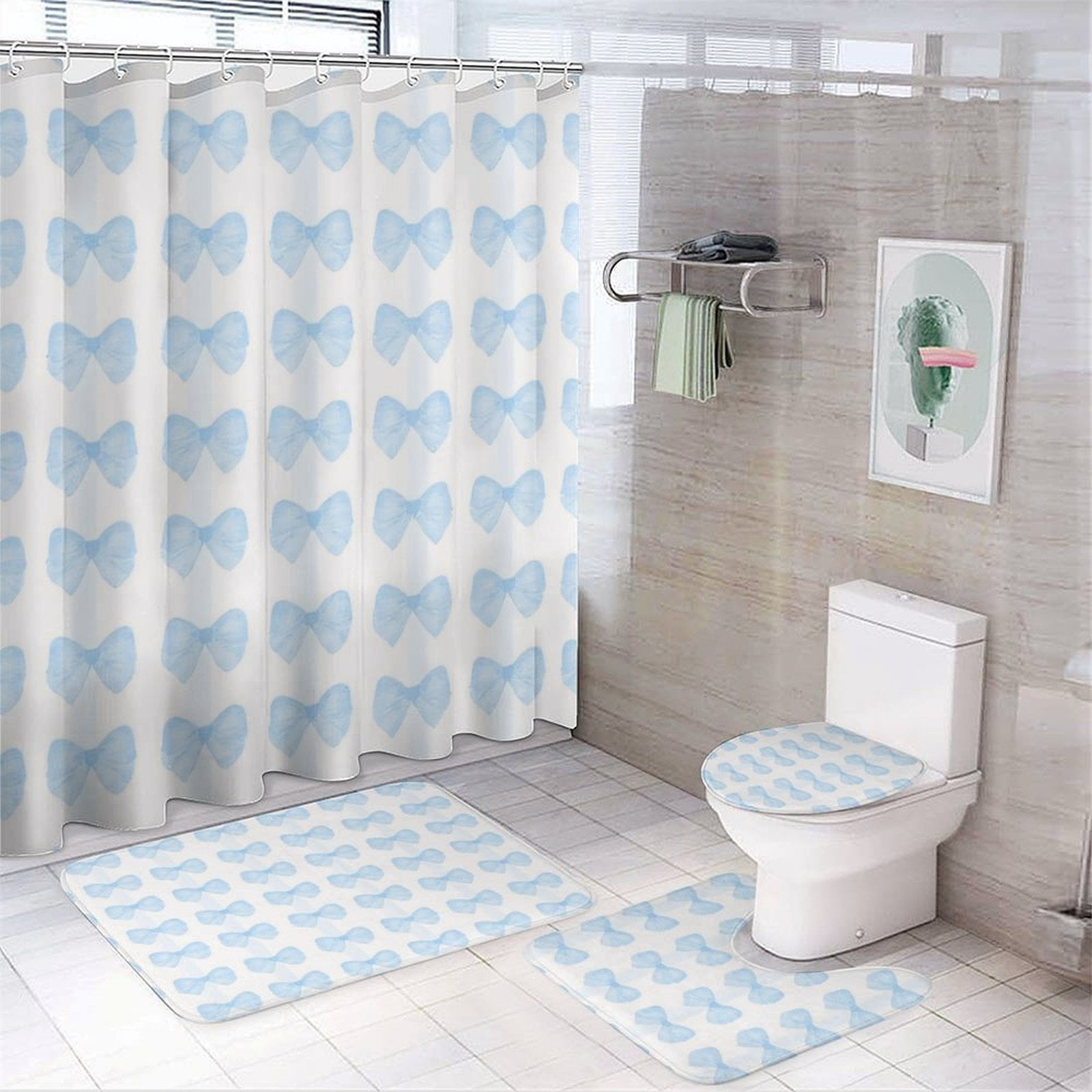 Light Blue Bow Pattern Shower Curtain Set Modern Bathroom Decor Mats 4pcs Fabric  Bathroom Curtain Slip Floor Rug Toilet Lid - Walmart.com, image size:1600x1600