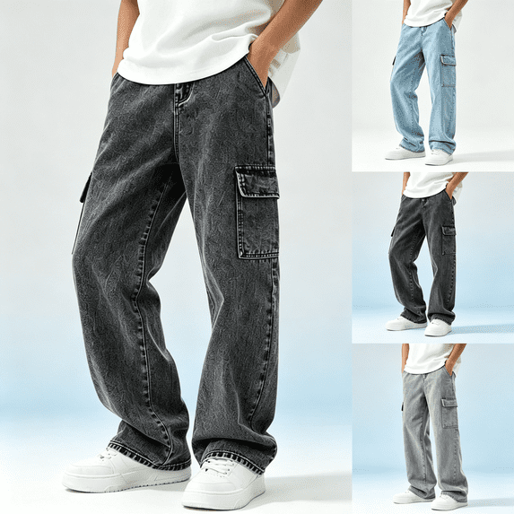 Teen Boys Stretch Cargo Jeans, Elastic Waist Straight Leg Denim Pants, Light Blue, Size 16-17Y