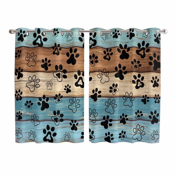 Light Blue Brown Kitchen Curtains Window Panels, Rustic Farmhouse Dog Paw Vintage Insulated Window Treatment Curtain, Grommet Curtains for Bedroom/Living Room/Bathroom, 2 Piece 52"Wx72"L