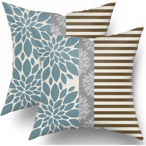 Light Blue Brown Pillow Covers 18x18 Set of 2 Gray Dahlia Decorative Striped Throw Pillows Modern Geometry Flower Decorative Pillowcase Square Cotton Cushion Case Decor for Home Sofa Couch Bed