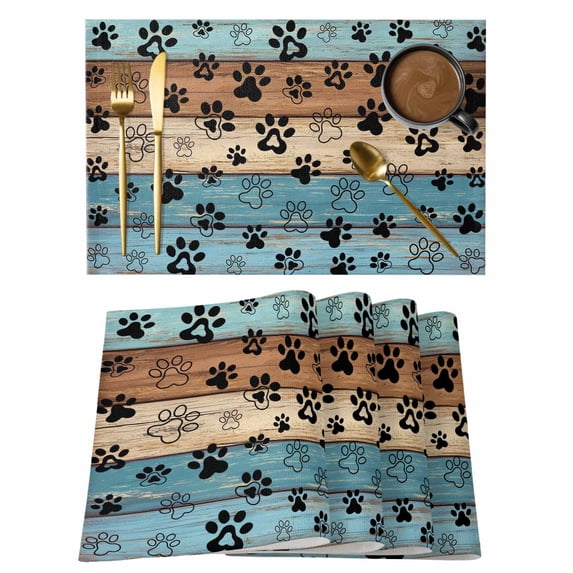 Light Blue Brown Placemats Set of 6, Rustic Farmhouse Dog Paw Vintage Placemats for Dining Table, Place Mats for Kitchen Tabletop, Waterproof Wipeable Dining Table Mats Set