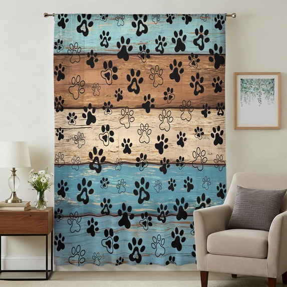 Light Blue Brown Sheer Curtains 54 Inches Long, Rustic Farmhouse Dog Paw Vintage Light Filering Curtains, Breathable Simi Curtain Privacy Drapes for Kitchen Bathroom Small Window Treatment