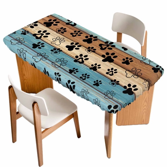Light Blue Brown Table Cloths for 5 Foot Rectangle Tables, Rustic Farmhouse Dog Paw Vintage Patio Waterproof Elastic Fitted Tablecloths, Washable Rectangular Table Cover for Camping