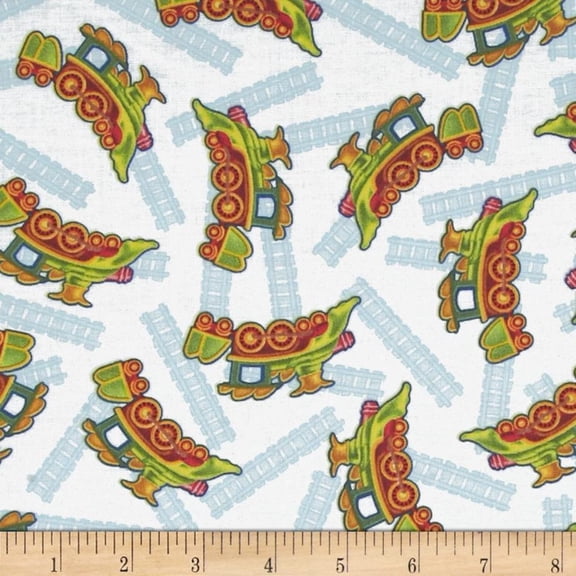Light Blue "Buddy's Big Adventure" Train 100% Cotton Fabric Sold by The Yard