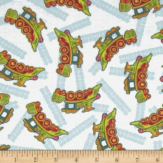 Light Blue "Buddy's Big Adventure" Train 100% Cotton Fabric Sold by The Yard