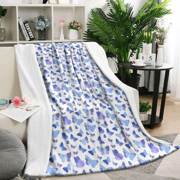 Light Blue Butterfly Purple Pattern Blanket,Comfortable Soft Flannel Throw Blanket,All Season,Warm Lightweight Blankets for Sofa Bed Couch Living Room Chair,50"x60"