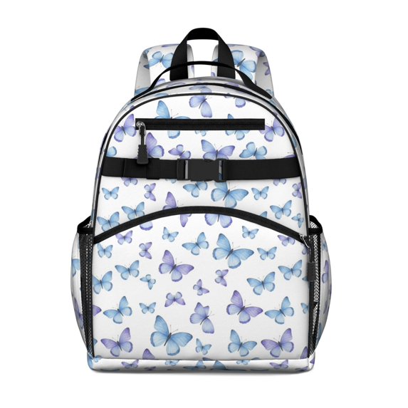Light Blue Butterfly Purple Pattern Cute School Backpack Bag for School with Padded Back and Adjustable Shoulder Straps 15.25"x11.5"x5.25"
