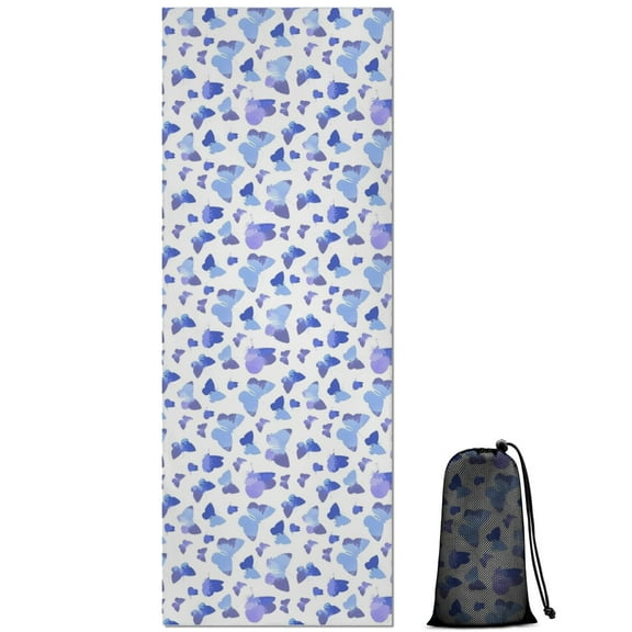 Light Blue Butterfly Purple Pattern Hot Yoga Mat Towel Non Slip for Hot Yoga - Quick-Drying Yoga Mat Cover with 4 Corner Pockets with Travel Bag - Hot Yoga Towel Non Slip 74"x26"