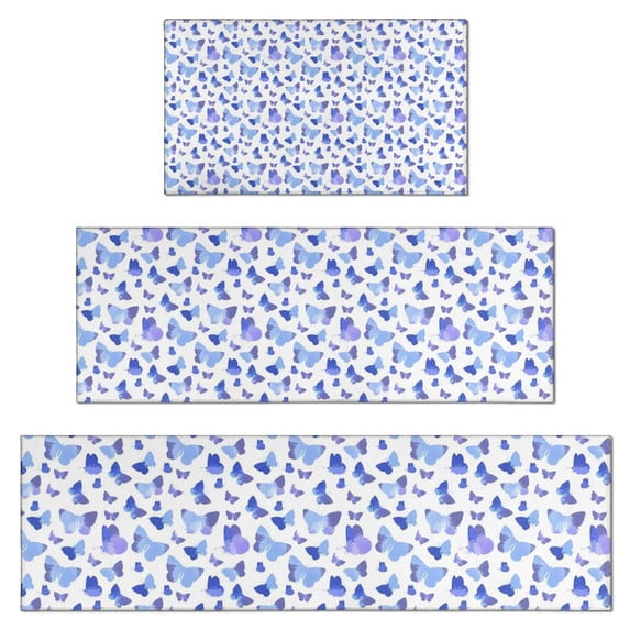 Light Blue Butterfly Purple Pattern Kitchen Rugs Sets Of 3,Kitchen Runner Rugs Non Skid Washable,Decorative Kitchen Floor Mats for Kitchen,Sink,Laundry,17"x30"+ 17"x47" + 17"x59"