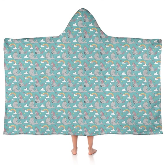 Light Blue Cartoon Narwhal Rainbow Pattern Hooded Bath Towel,50"x30" for Ages 3 To 12 Kids, Quick Dry Lightweight Soft Microfiber Hood Beach Towel Cover Up for Kids
