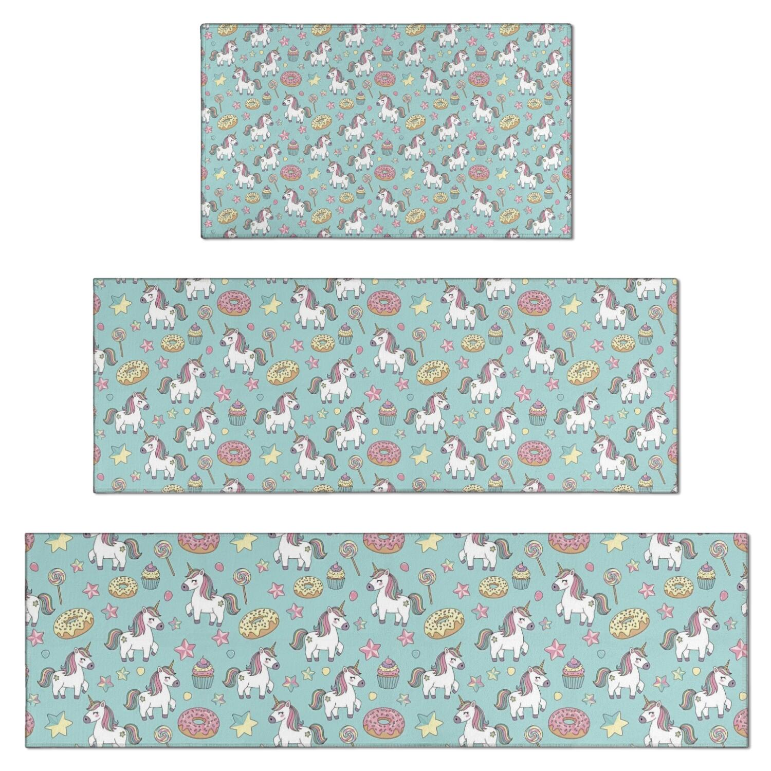 Light Blue Cartoon Unicorn Donut Lollipop Pattern Kitchen Rugs Sets Of ...