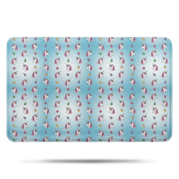 Light Blue Cartoon Unicorn Head with Fruit Pattern Bathroom Rugs Mat,Non Slip Microfiber Bathroom Rug,Rubber Backing,Soft Bathroom Mats for Bathroom Floor,Tub and Shower,17x27in(43x68cm)