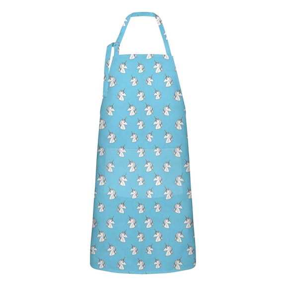 Light Blue Cartoon Unicorn Head Pattern Apron-Garden Aprons for Women with Pockets-Cotton Linen Waterproof Kitchen Cooking Gardening Aprons Adjustable for Kitchen,Cooking,BBQ and Salon 33x27 Inch