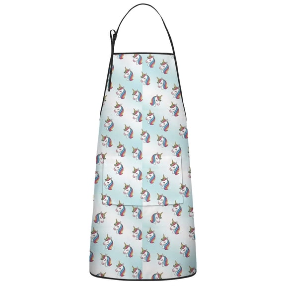 Light Blue Cartoon Unicorn Head Pattern Apron-Garden Aprons for Women with Pockets-Cotton Linen Waterproof Kitchen Cooking Gardening Aprons Adjustable for Kitchen,Cooking,BBQ and Salon 33x27 Inch