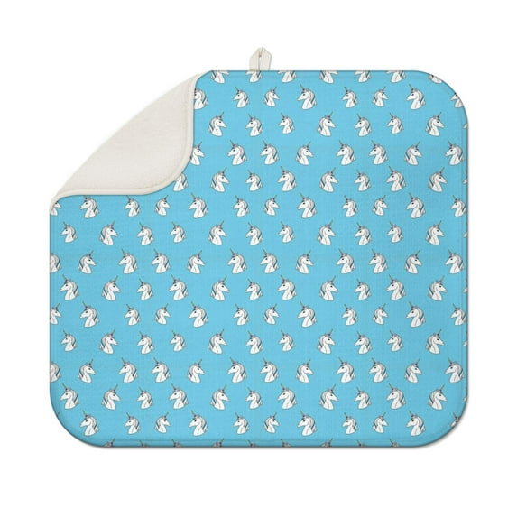 Light Blue Cartoon Unicorn Head Pattern Dish Drying Mat for Kitchen 1 Pack, Ultra Absorbent Microfiber Dishes Drainer Mats,16"x18"