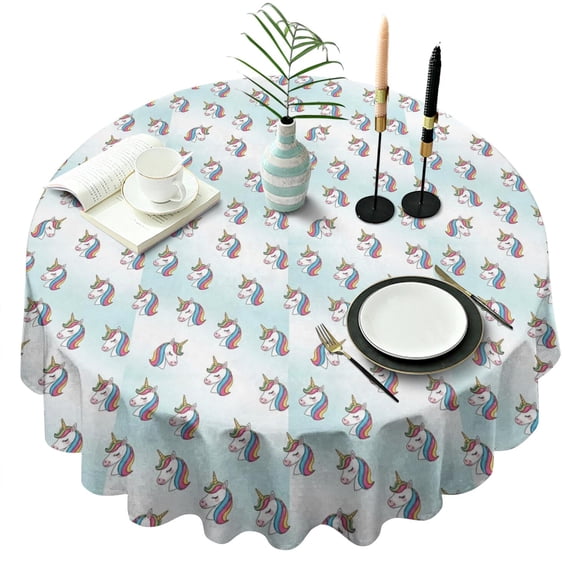 Light Blue Cartoon Unicorn Head Pattern Round Tablecloth 60"x60",Wrinkle Wipeable Table Cloth for Kitchen Dining Room Picnic Patio Party