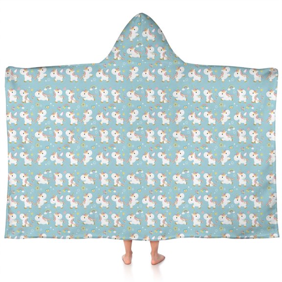 Light Blue Cartoon Unicorn Pattern Hooded Bath Towel,60"x35" for Ages 3 To 12 Kids, Quick Dry Lightweight Soft Microfiber Hood Beach Towel Cover Up for Kids