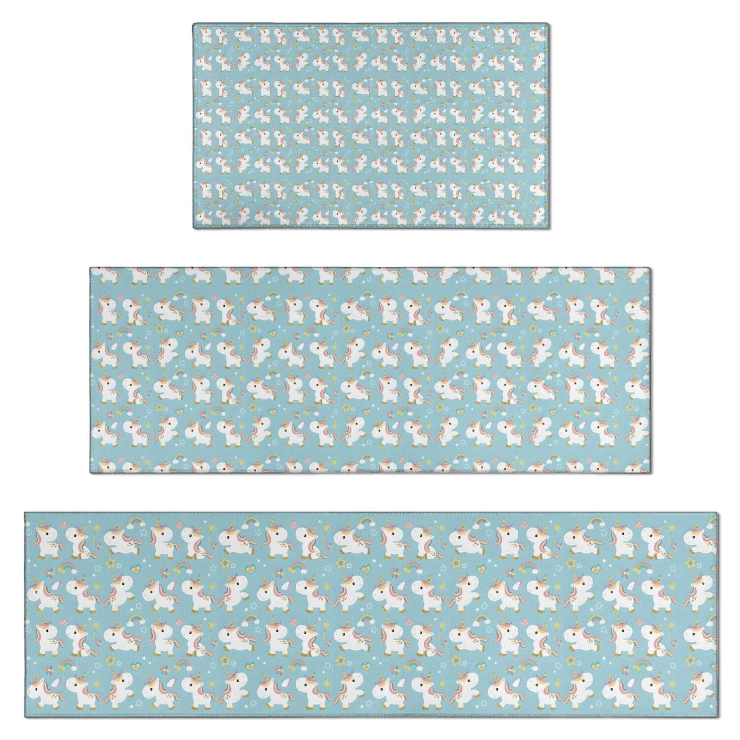 Light Blue Cartoon Unicorn Pattern Kitchen Rugs Sets Of 3,Kitchen ...