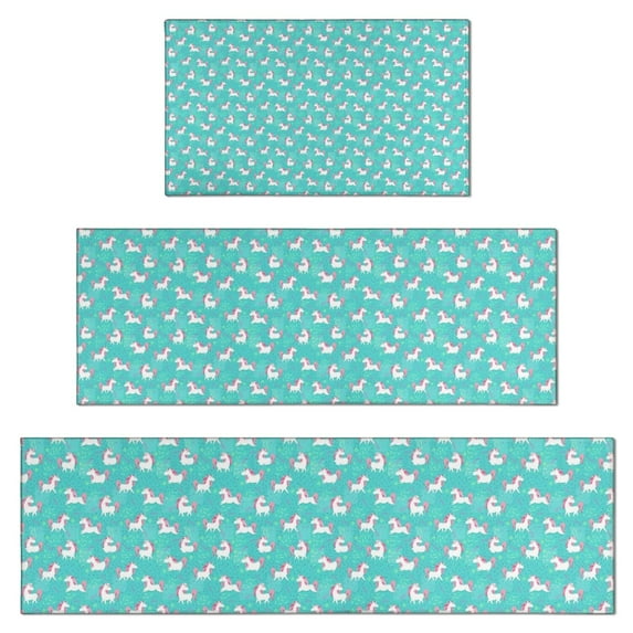 Light Blue Cartoon Unicorn Pattern Kitchen Rugs Sets Of 3,Kitchen Runner Rugs Non Skid Washable,Decorative Kitchen Floor Mats for Kitchen,Sink,Laundry,17"x30"+ 17"x47" + 17"x59"